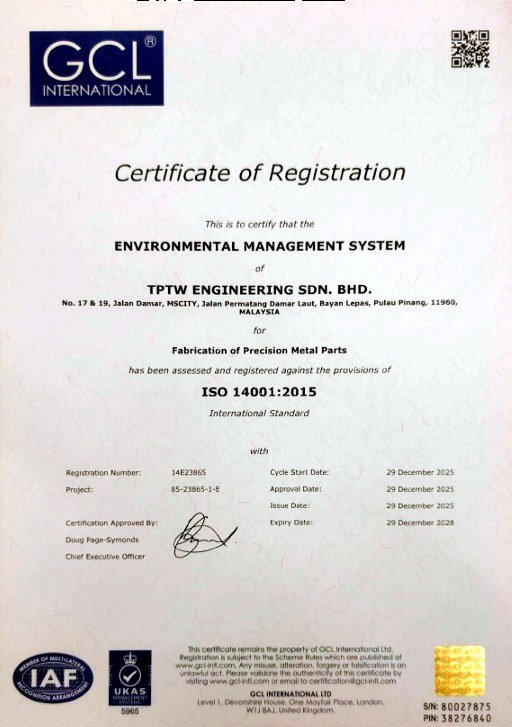 ISO 14001:2015 certificate of registration