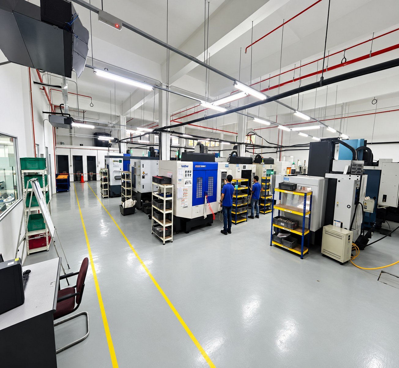 CNC machining shop floor, machines grouped by material type